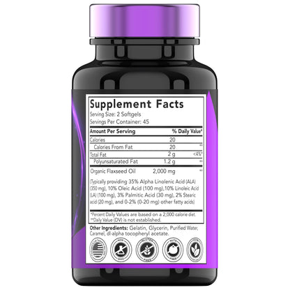 TNVitamins organic flaxseed supplement showing 90 easy to swallow softgels high in plant based omega 3