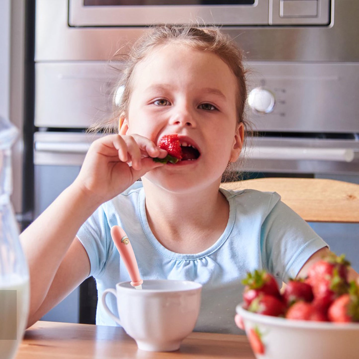 A complete layout of the six piece MONGSEW kids flatware kit showcasing all unique food handle patterns