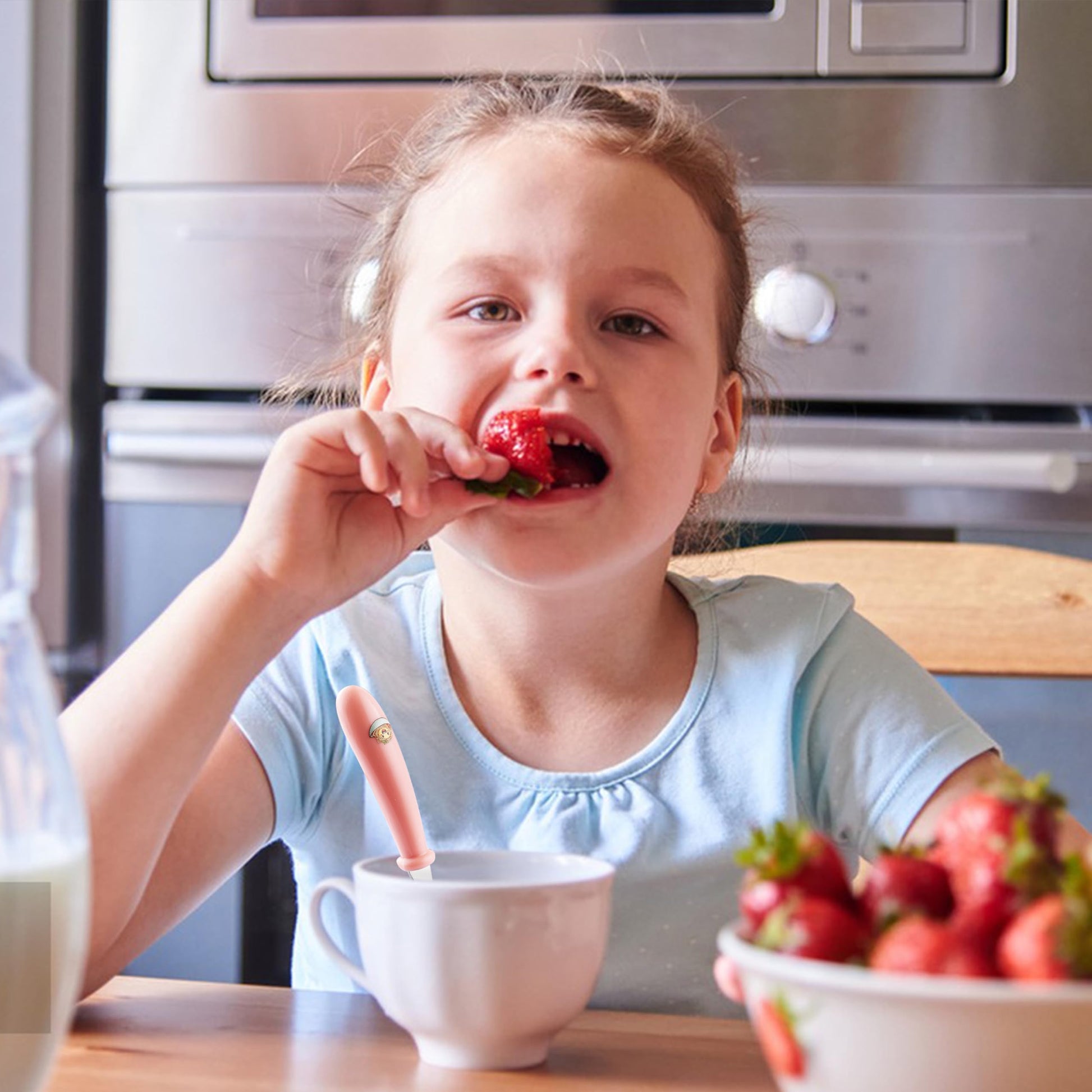 A complete layout of the six piece MONGSEW kids flatware kit showcasing all unique food handle patterns