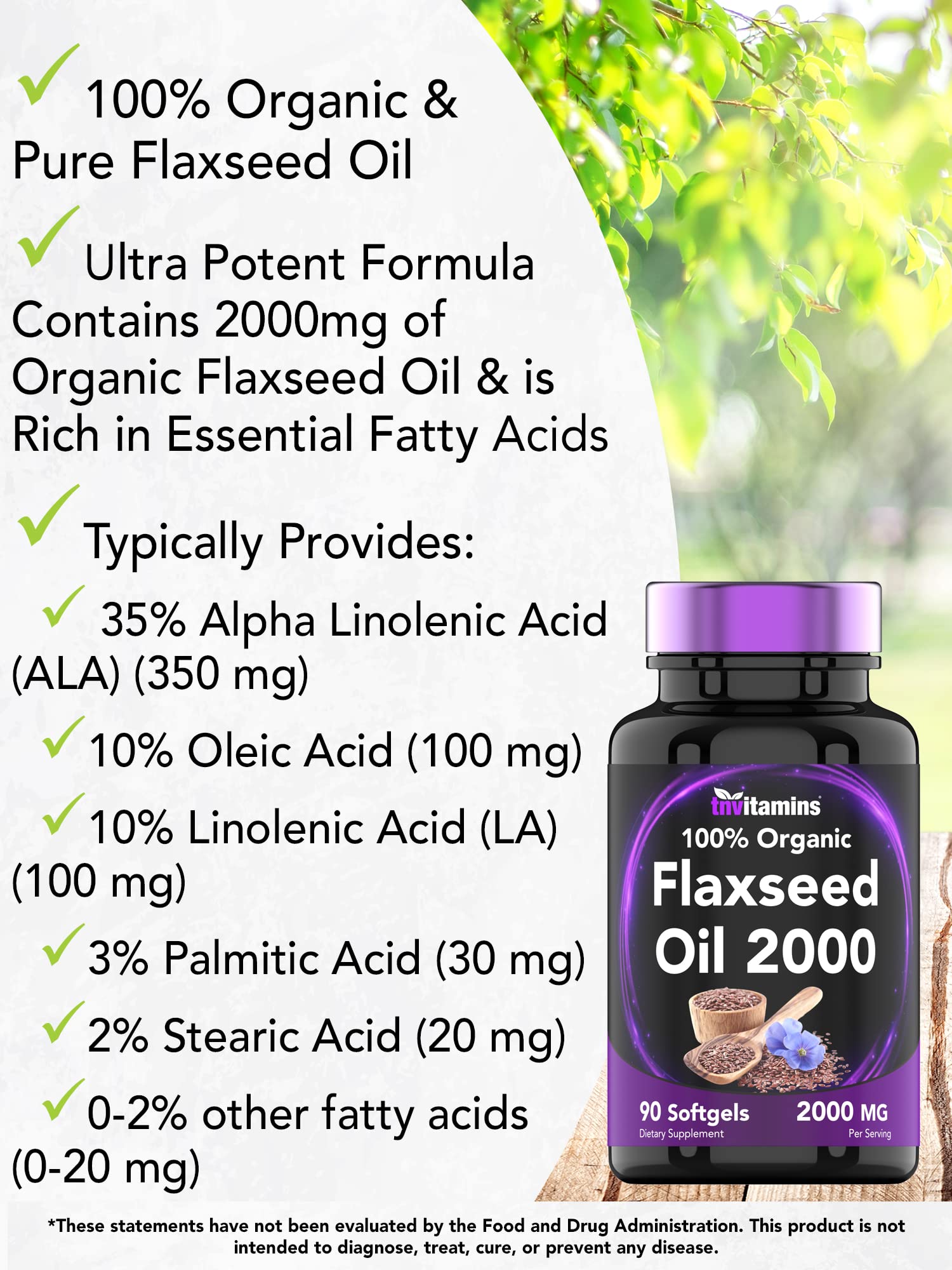 Back label of TNVitamins 100 percent organic flaxseed oil softgels showing nutritional facts and allergen free claims