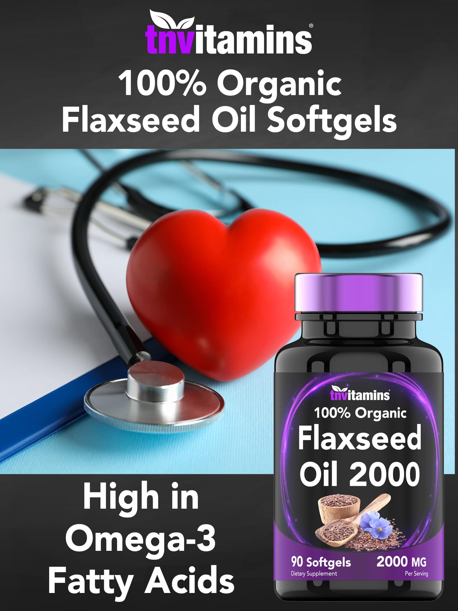Authentic USA imported TNVitamins flaxseed oil 2000 mg dietary supplement bottle on a clean background