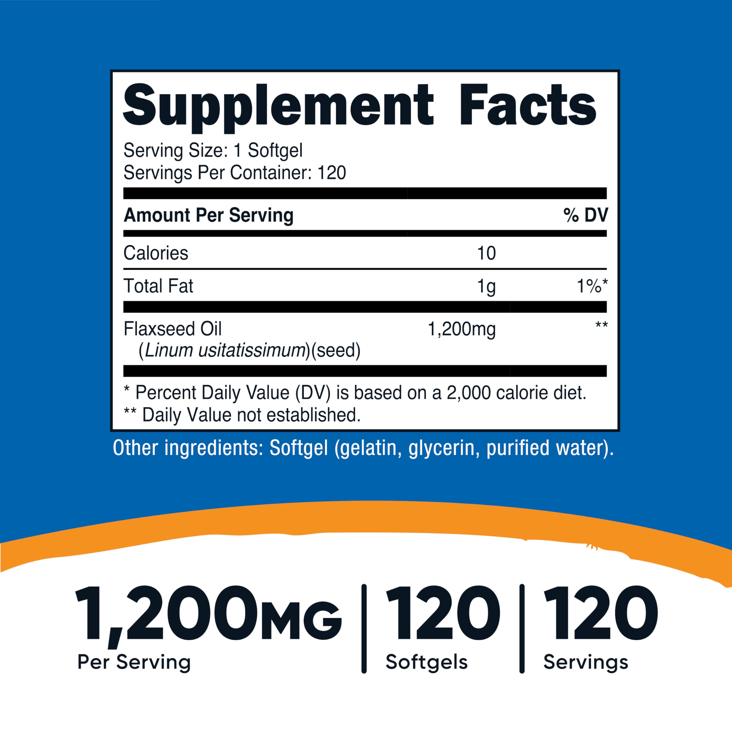 Nutricost plant based flaxseed oil capsules supplement facts and ingredient label.