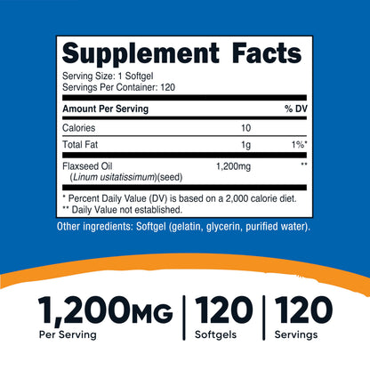Nutricost plant based flaxseed oil capsules supplement facts and ingredient label.