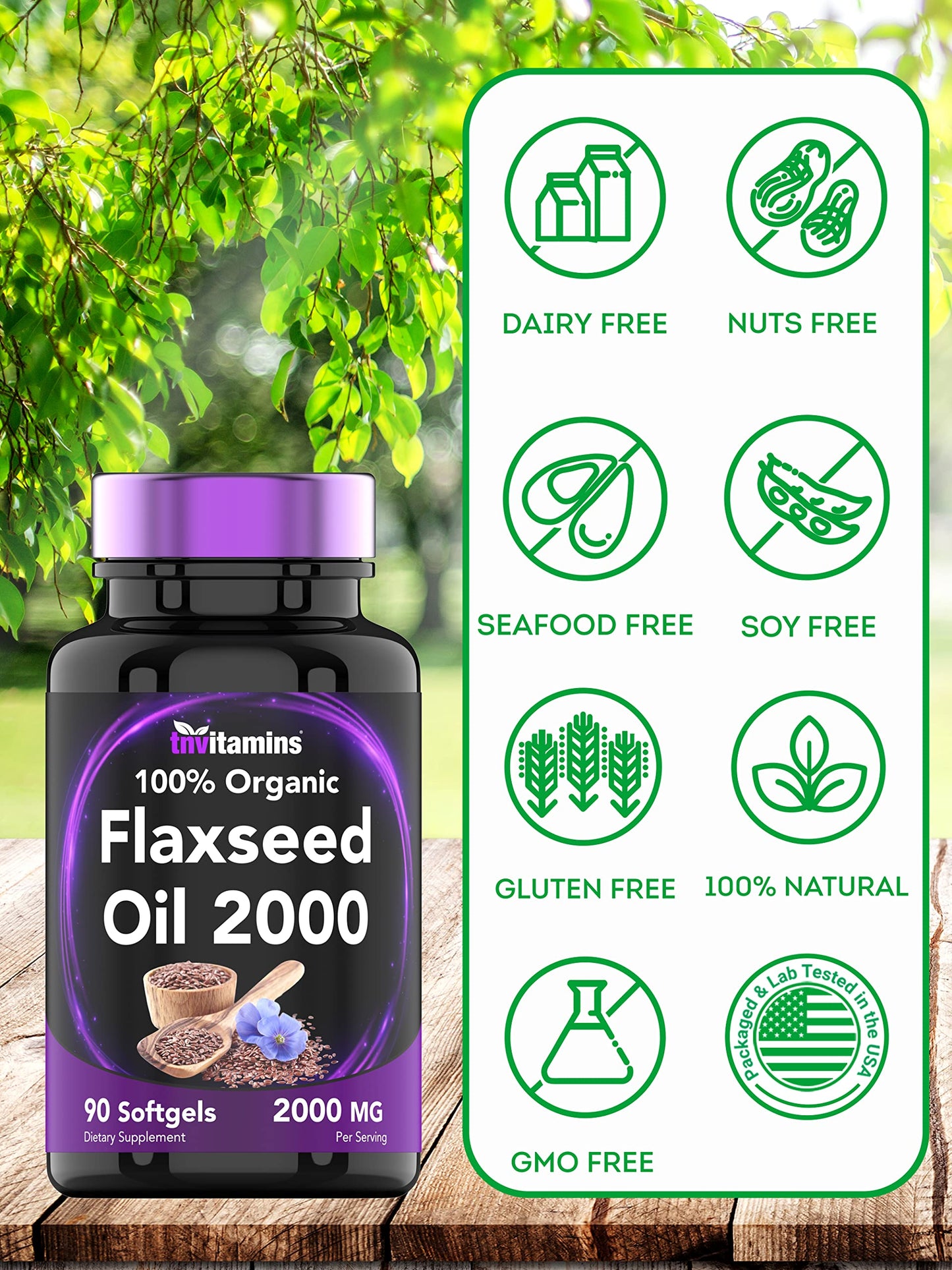 Close up view of non GMO gluten free organic flaxseed oil softgels by TNVitamins