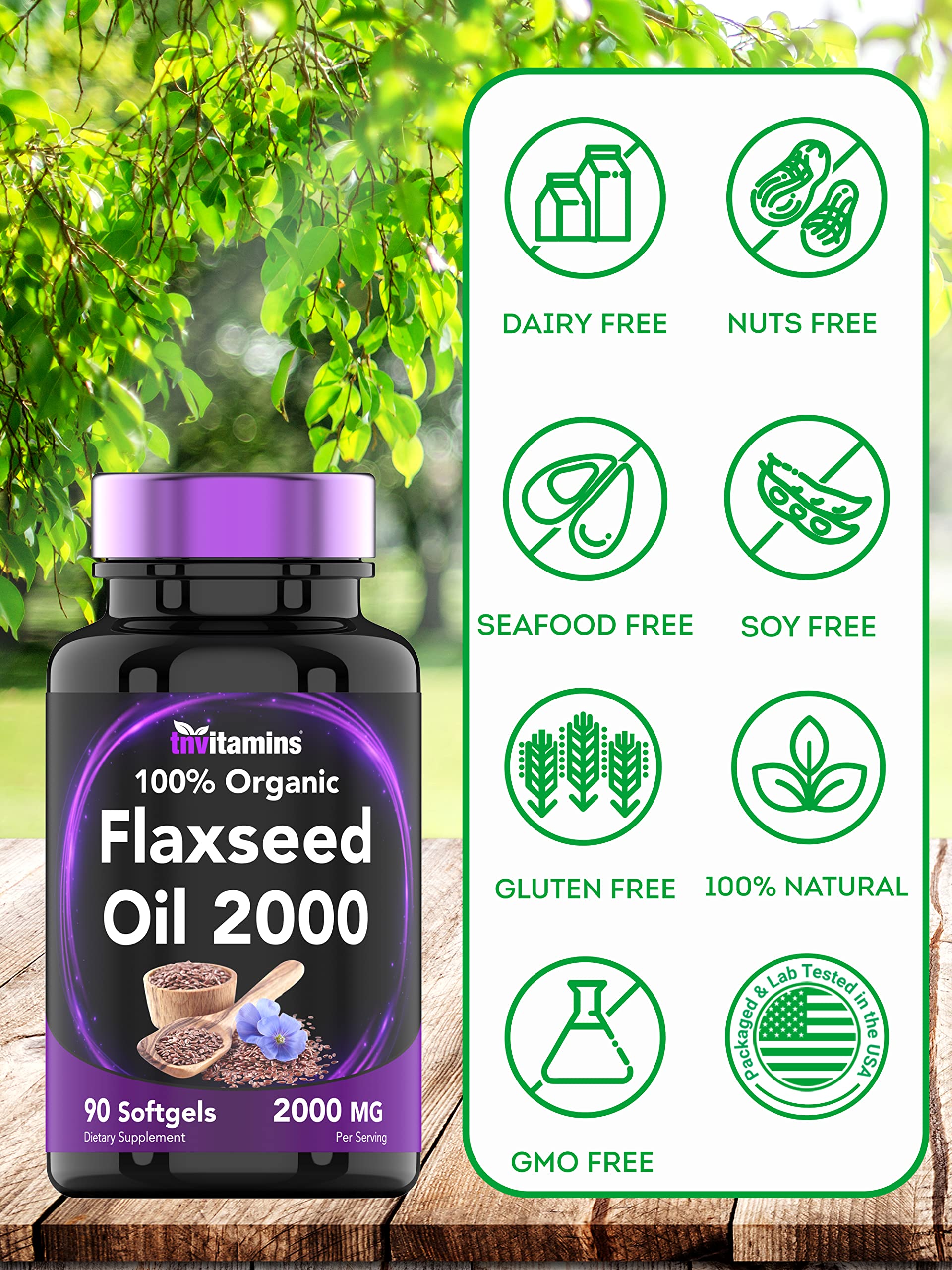 Close up view of non GMO gluten free organic flaxseed oil softgels by TNVitamins