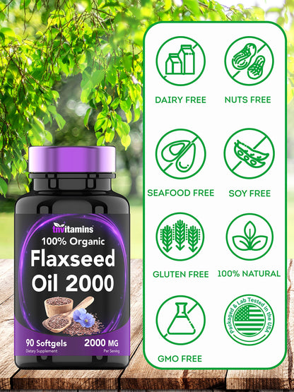 Close up view of non GMO gluten free organic flaxseed oil softgels by TNVitamins