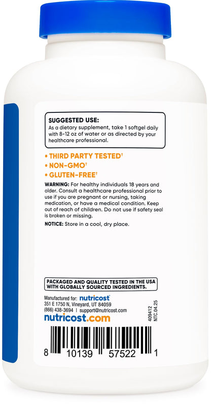 Side view of Nutricost flaxseed oil 120 softgels packaging showing usage instructions.