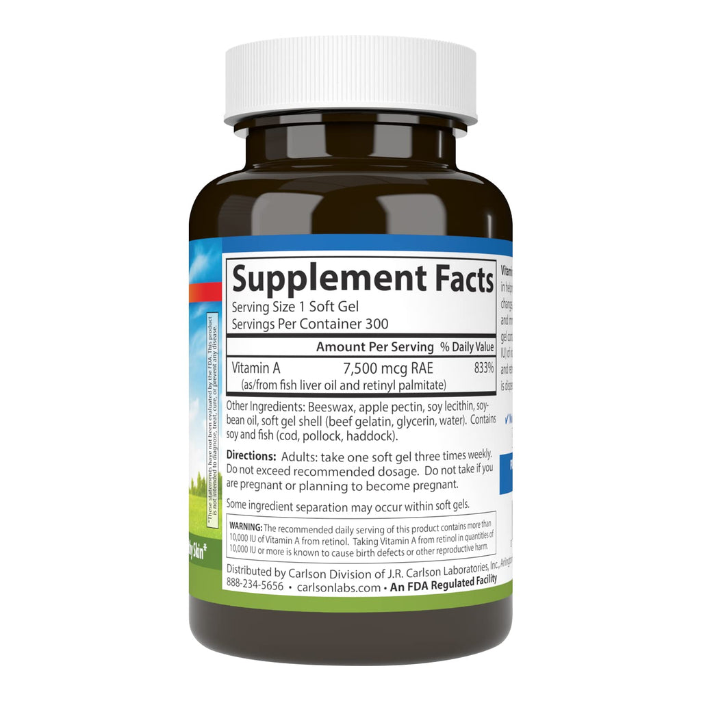 Carlson Vitamin A supplement bottle nutrition label