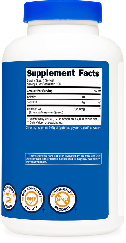Nutricost dietary supplement bottle showcasing pure flaxseed oil for heart and joint health.