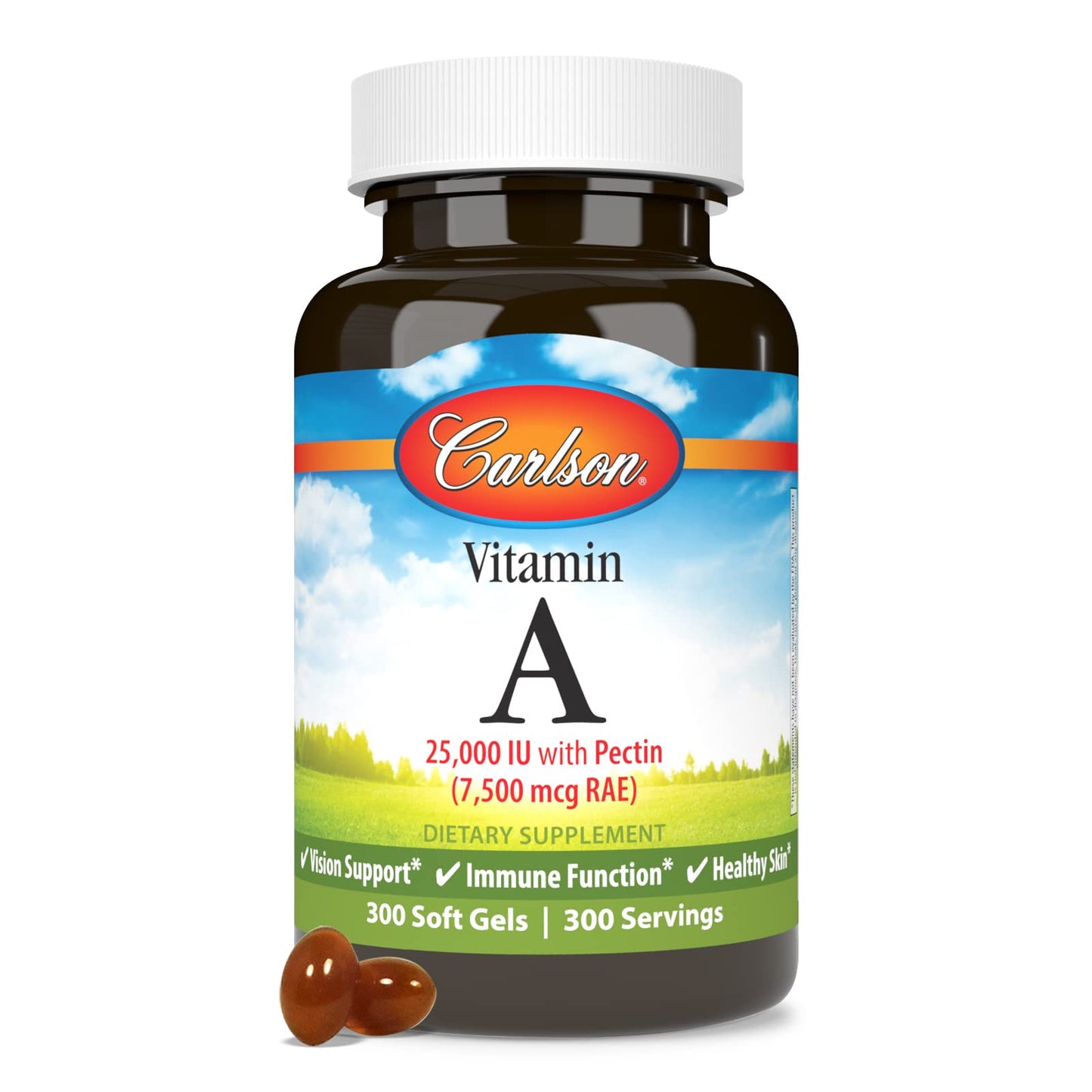 Authentic USA imported Carlson Vitamin A 300 count bottle displayed upright.