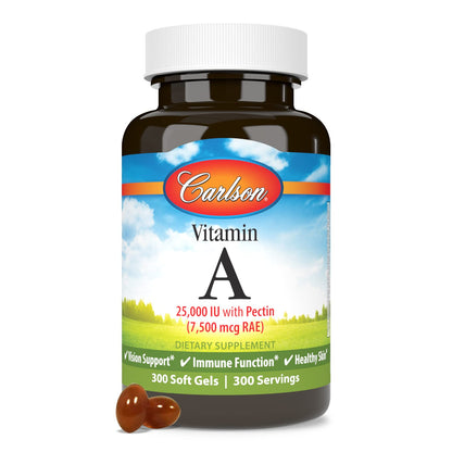 Authentic USA imported Carlson Vitamin A 300 count bottle displayed upright.