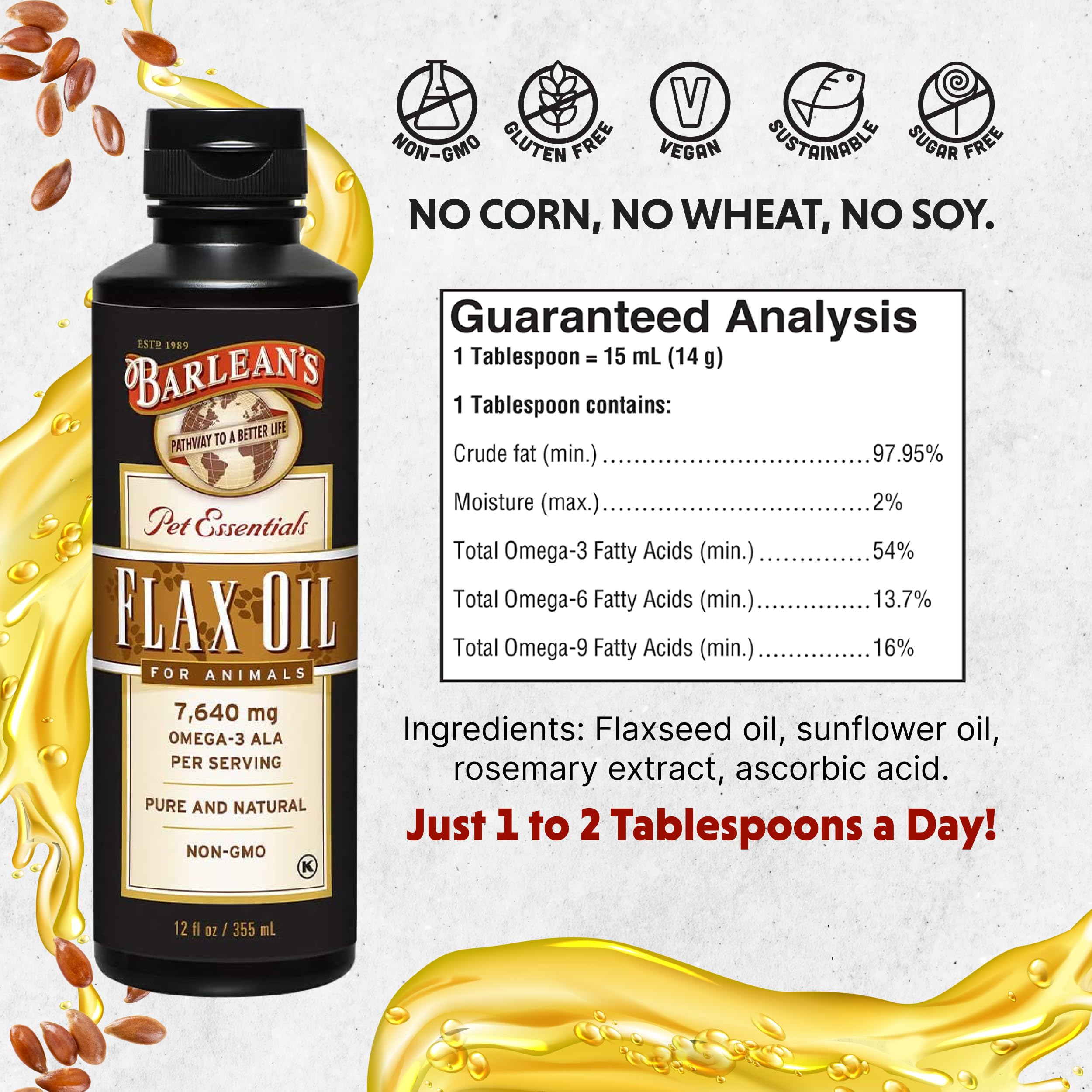 Barlean's Pet Essentials Flax Oil nutritional facts and cold pressed liquid label details