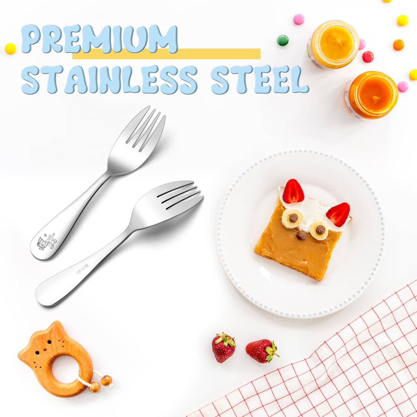 TeamFar toddler forks placed on a dinner plate