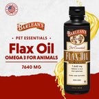 Flaxseed oil bottle showing pet health benefits summary