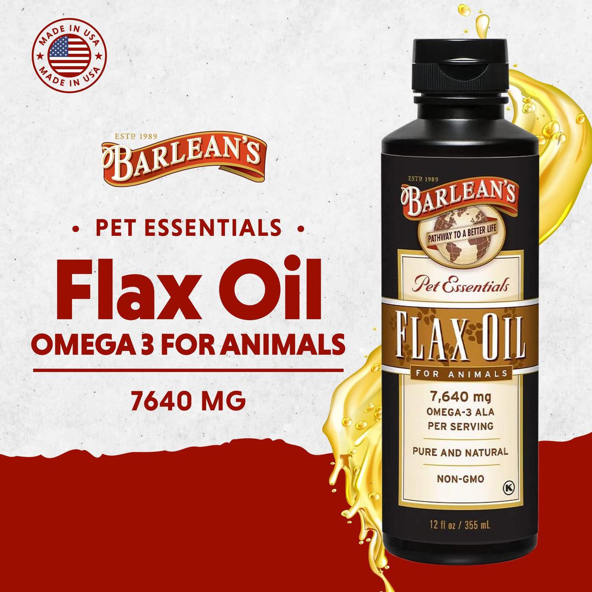 Flaxseed oil bottle showing pet health benefits summary