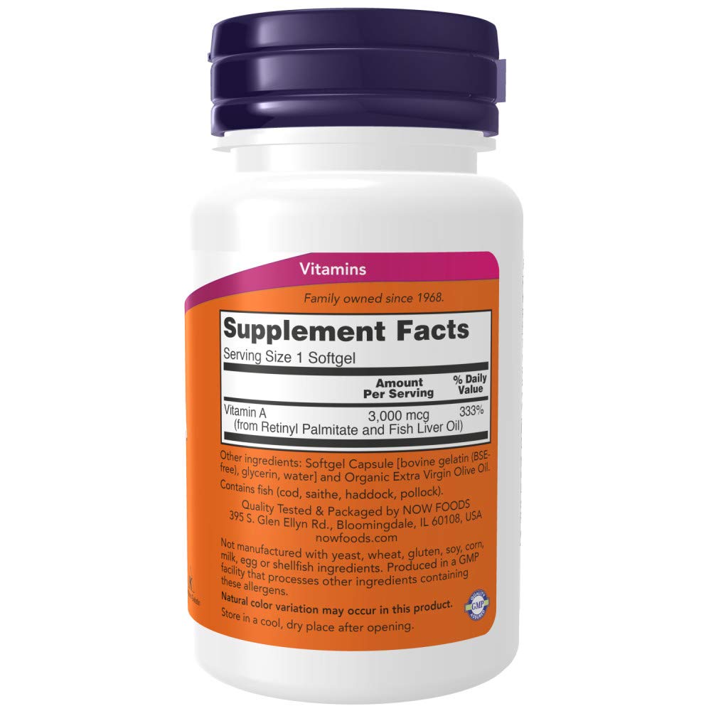 NOW Foods Vitamin A 10000 IU supplement label and nutritional facts