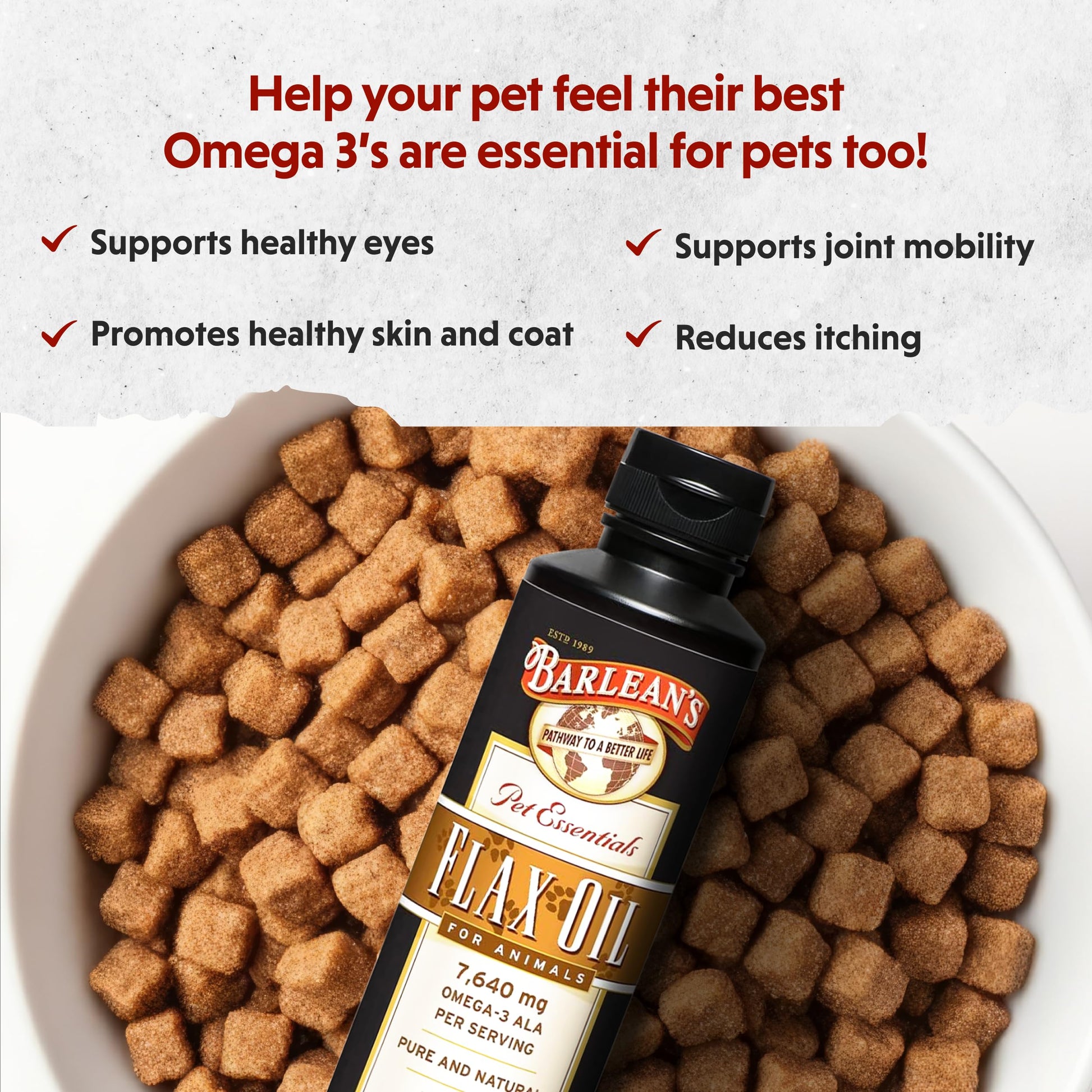 Barlean's vegetarian flax oil for pets bottle showcasing non GMO verified ingredients