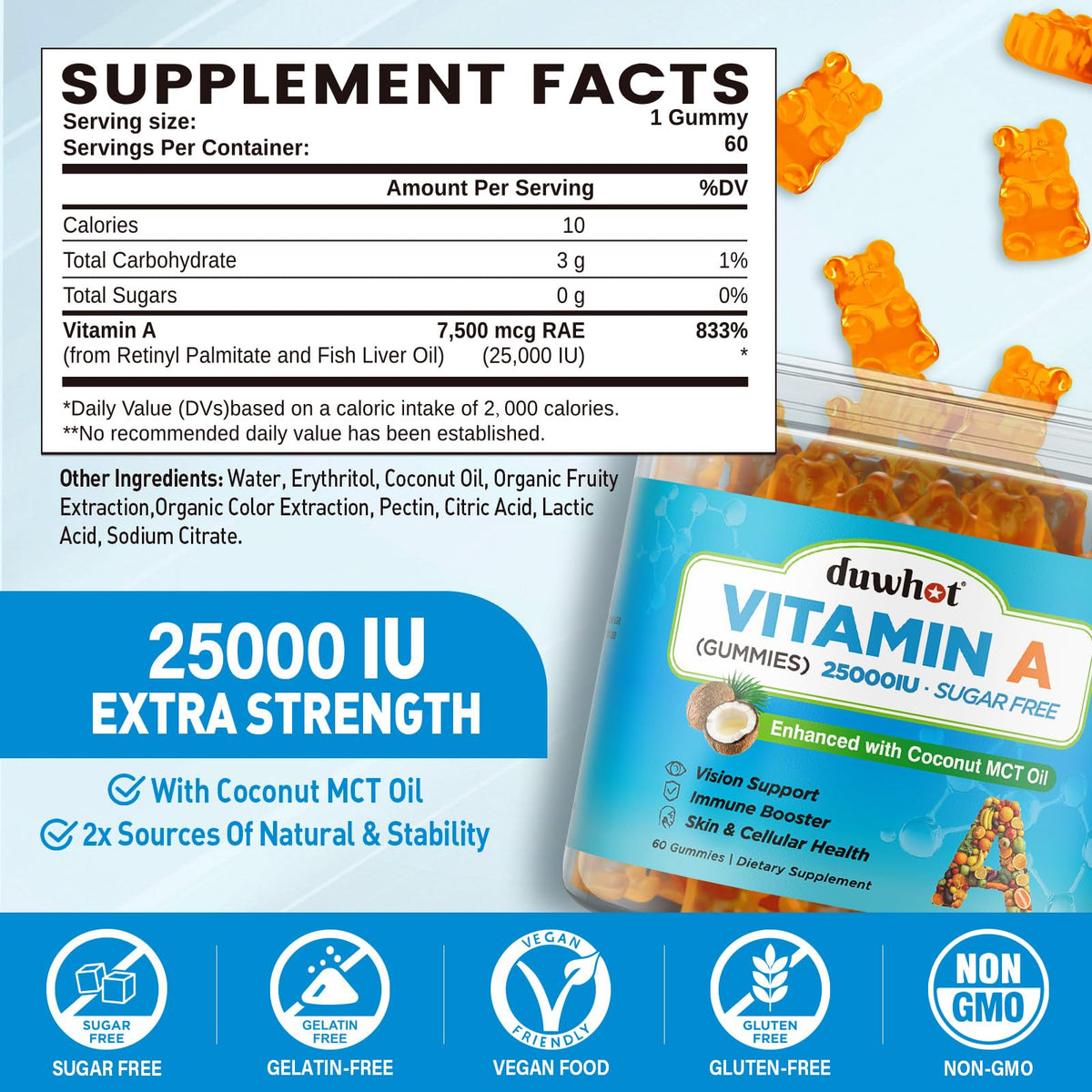 Duwhot Vitamin A Gummies supplement facts and nutritional label