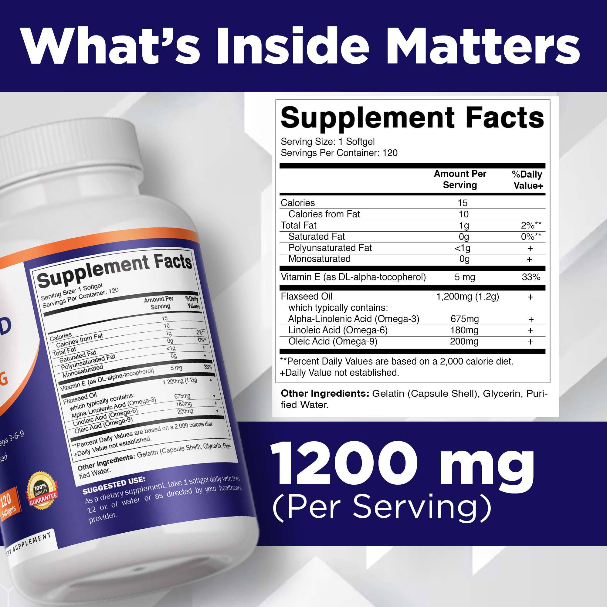 Vitamatic Cold Pressed Flax Seed Oil dietary supplement bottle showing nutrition facts and 675 milligrams ALA Omega 3 content