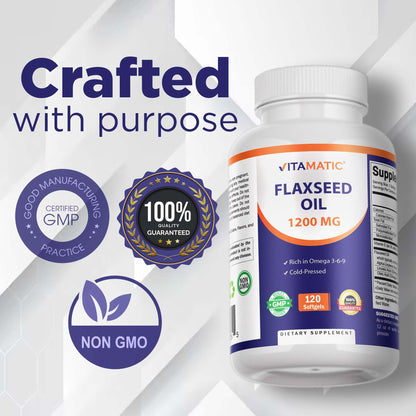 Premium non GMO plant based Vitamatic Flaxseed Oil capsule bottle for cardiovascular and immune health