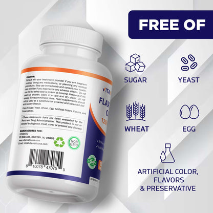 Vitamatic cold pressed essential fatty acid softgels with clear ingredient list showing no artificial colors