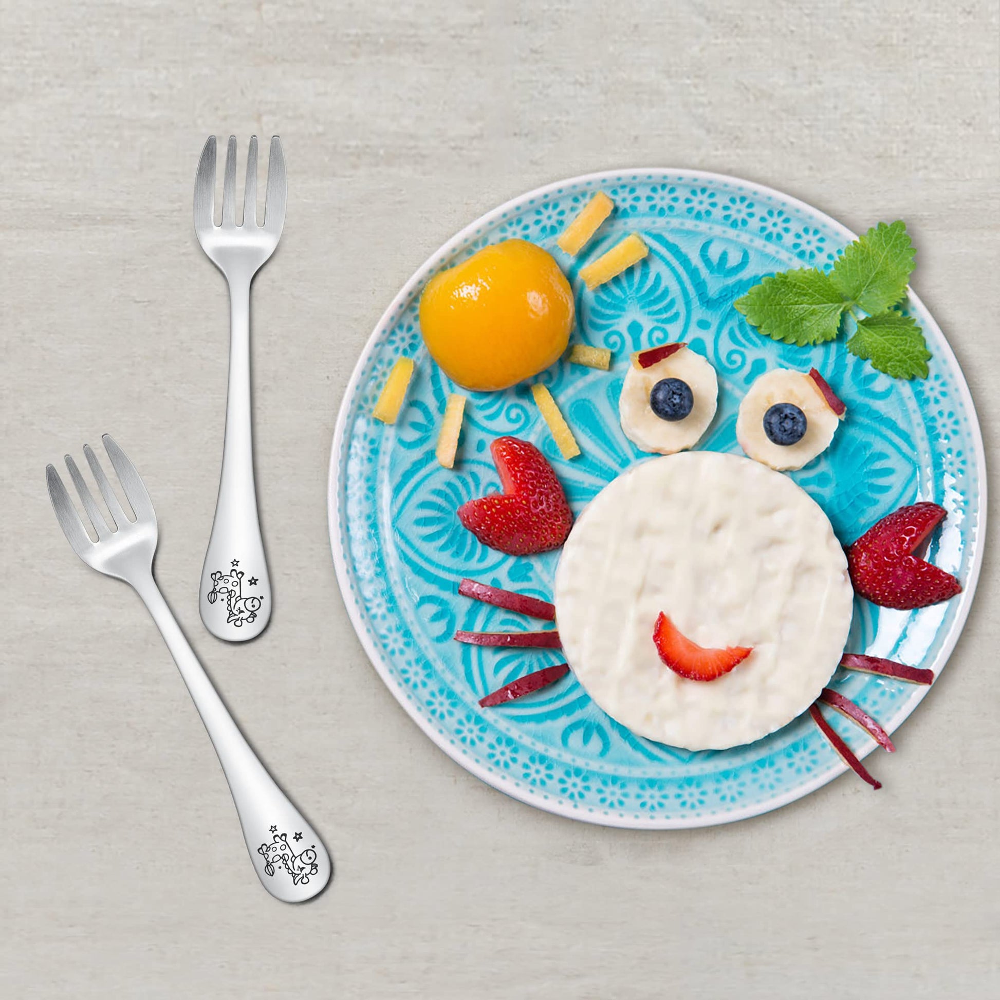 Toddler eating independently with TeamFar stainless steel fork