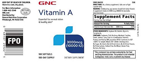 Close up of GNC Vitamin A supplement label and dosage information