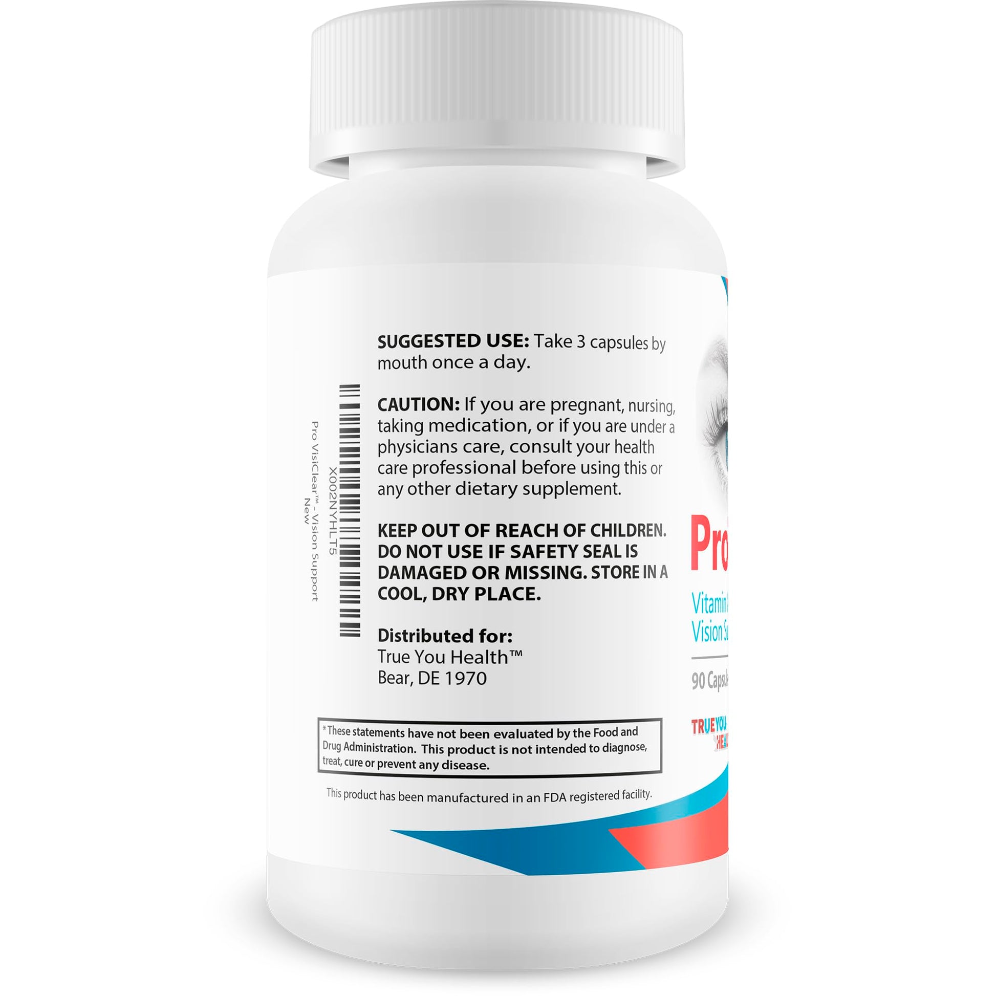 Back label of True You Health eye support capsules with ingredient list