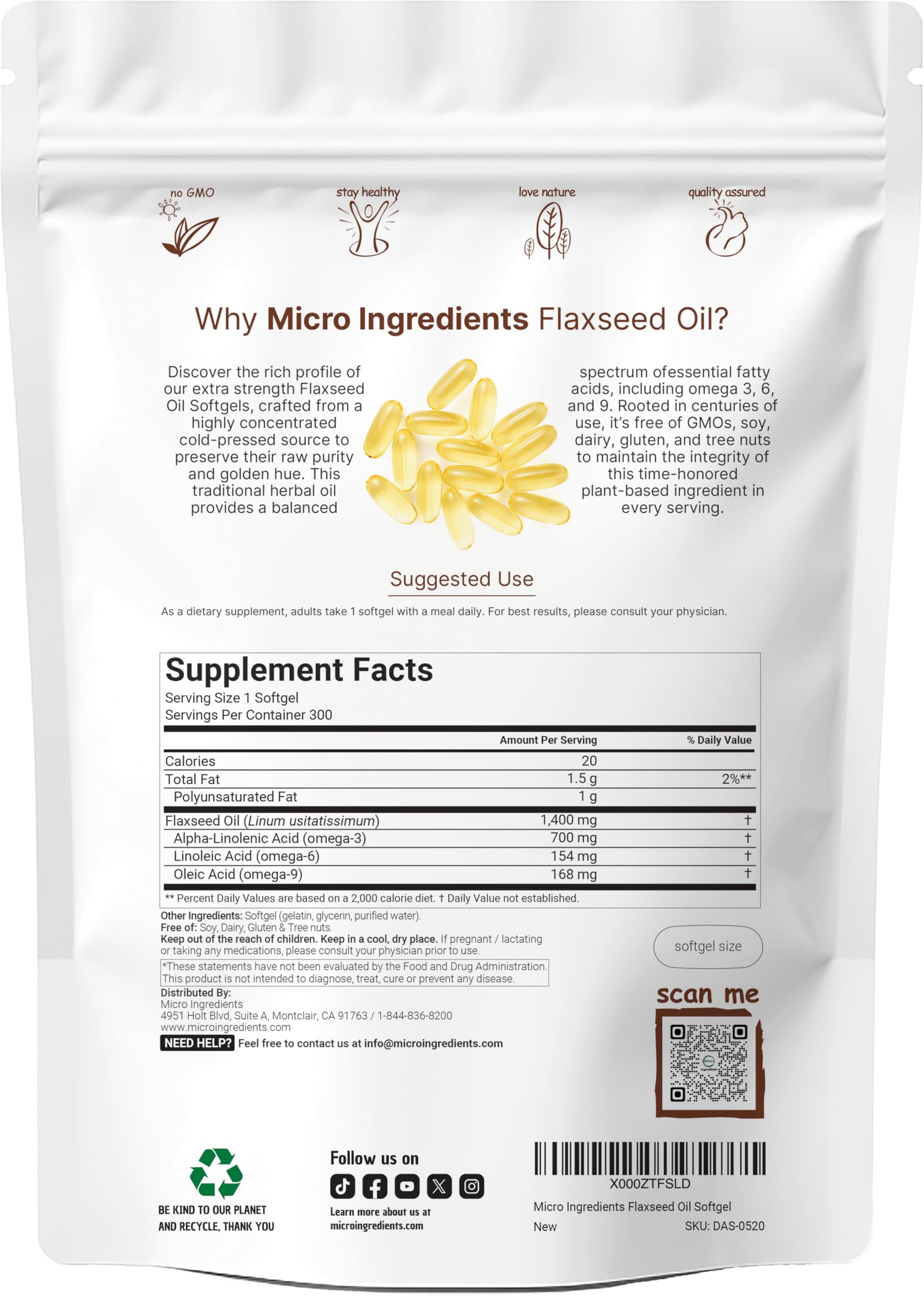 Back label of Micro Ingredients cold pressed flaxseed oil supplement displaying dietary facts and ingredients