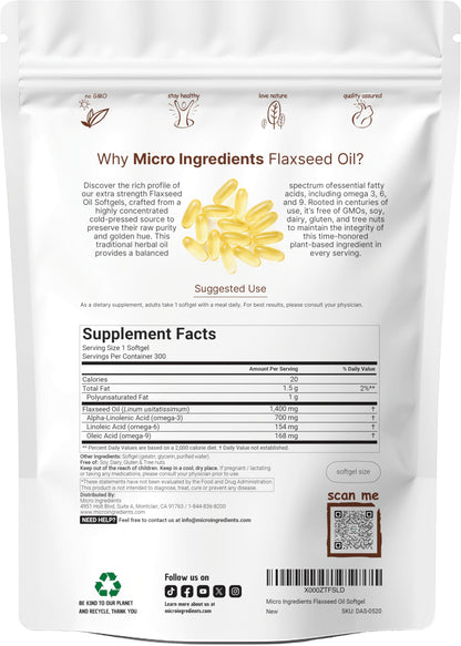 Back label of Micro Ingredients cold pressed flaxseed oil supplement displaying dietary facts and ingredients