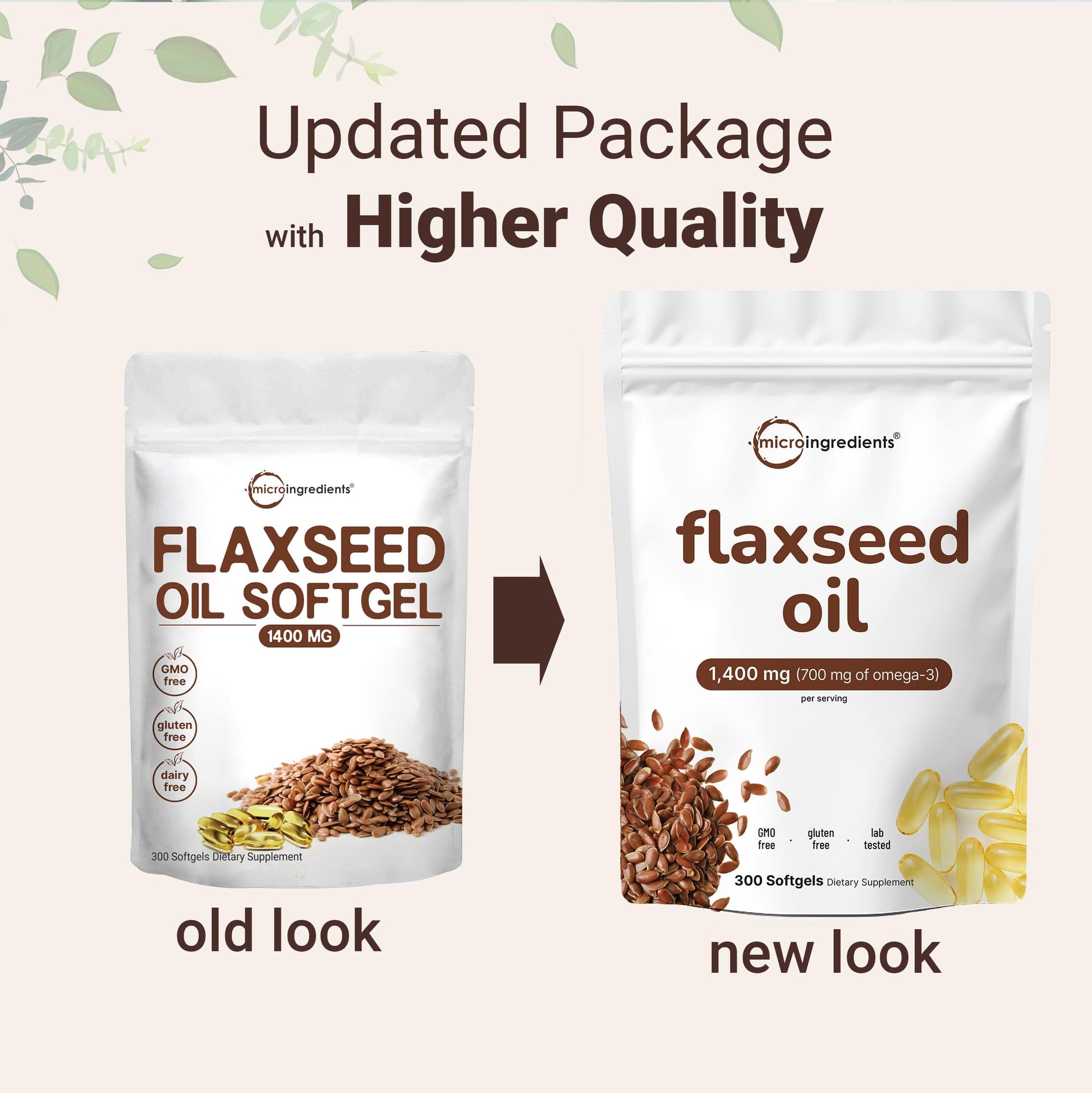 Micro Ingredients flaxseed oil capsules shown with non GMO and gluten free certification badges
