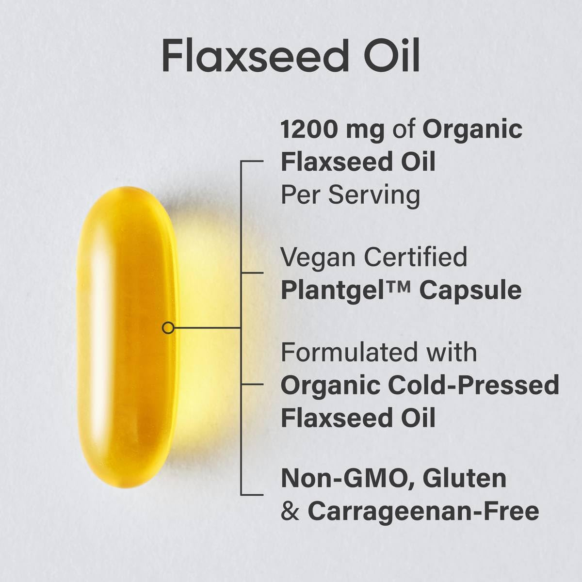 Side view of Sports Research flaxseed oil bottle displaying the vegan certification and non-GMO project verified badges.