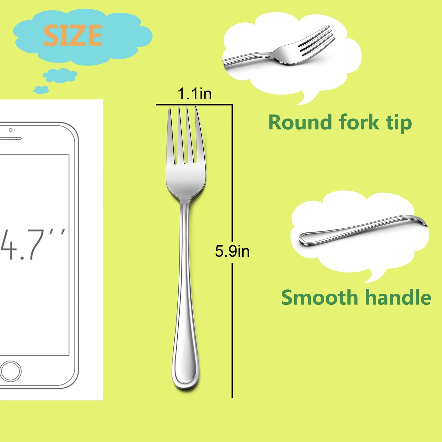 Stainless steel kids forks showing rounded edges