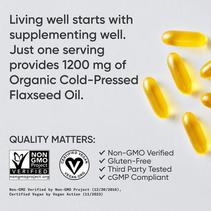 Close-up of the amber supplement bottle emphasizing the 1200mg cold-pressed organic flaxseed oil potency.