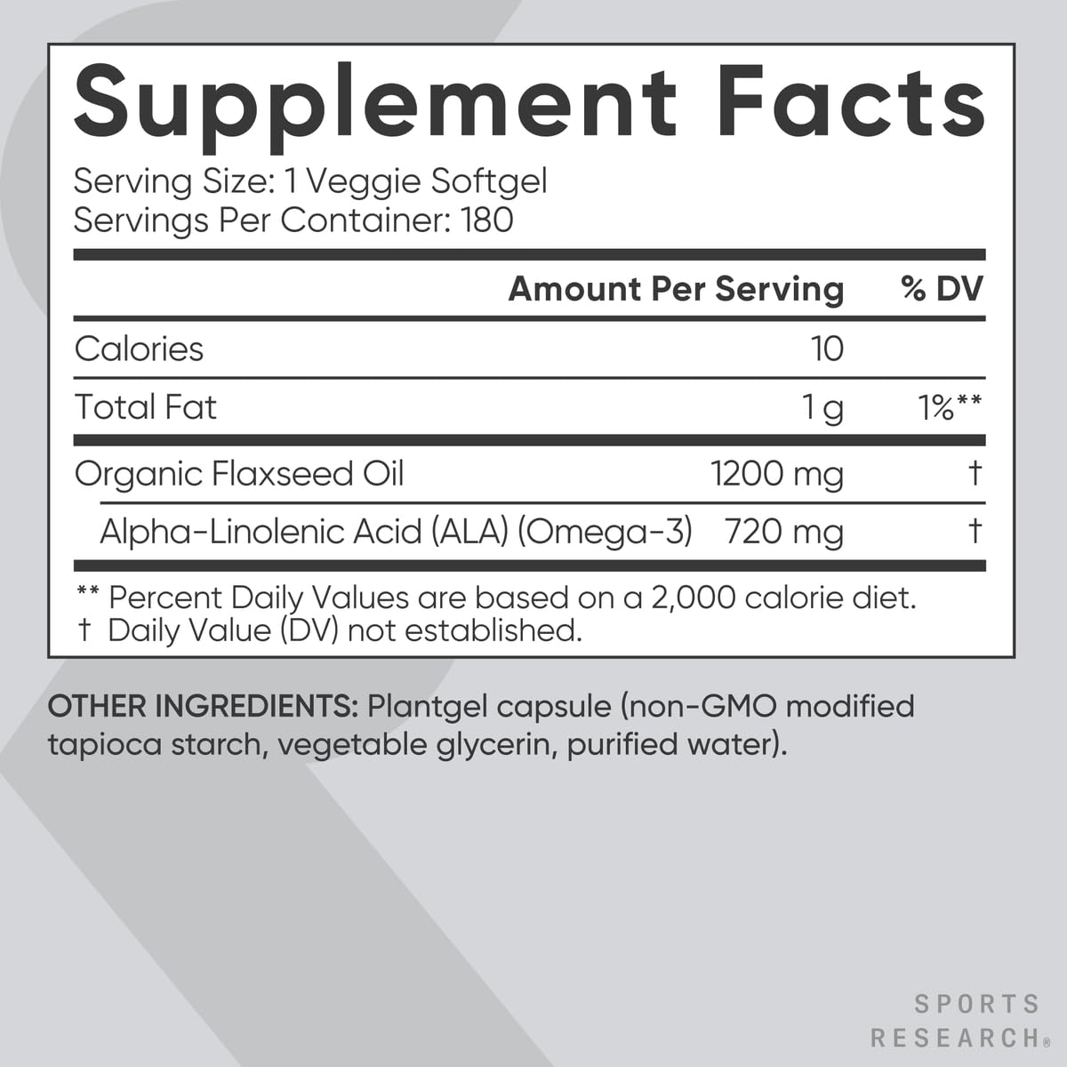 Clear depiction of the non-GMO tapioca plantgel capsules next to the Sports Research vegan flaxseed oil bottle.