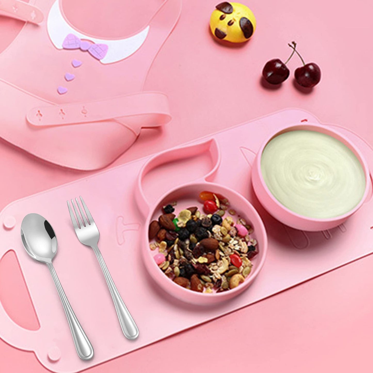 Stainless steel toddler cutlery set on dining table