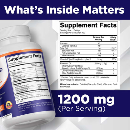 Vitamatic Flaxseed Oil 120 softgels pack showing 675mg ALA Omega 3 nutrition facts label
