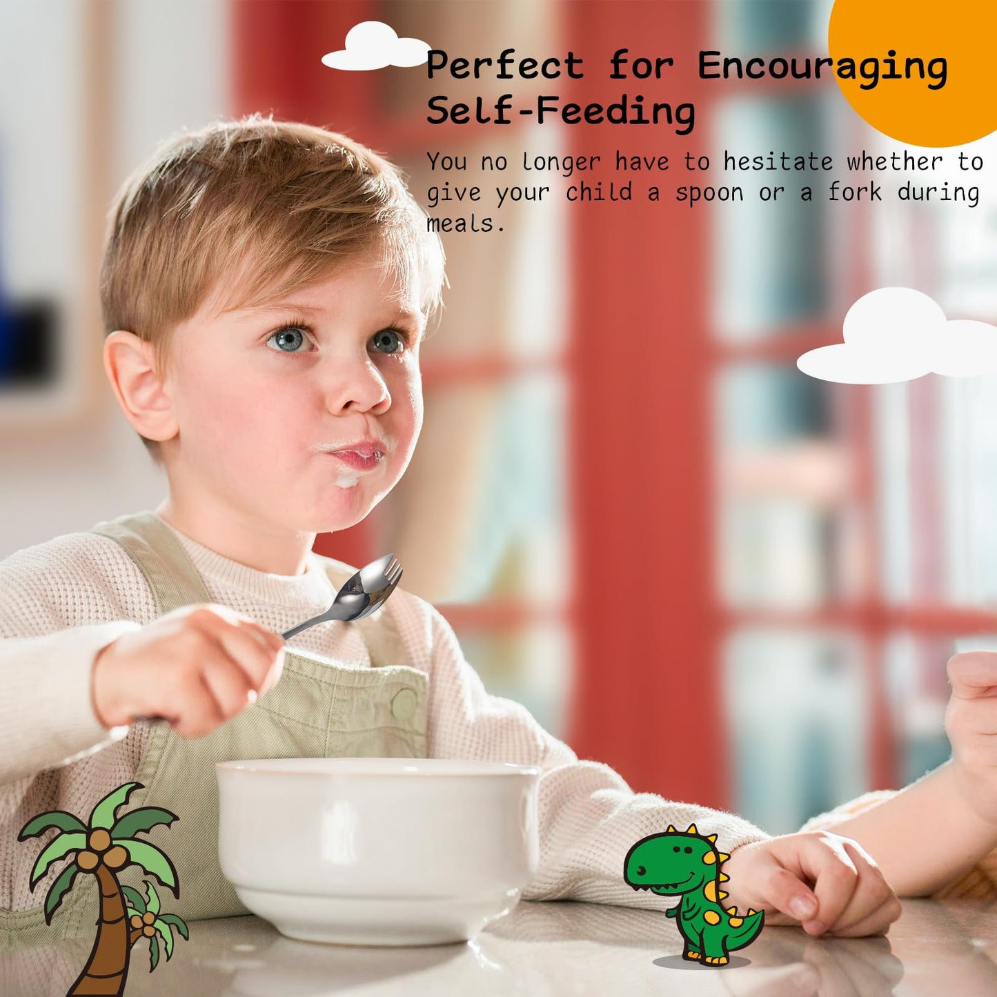 Alata 5.7 inch stainless steel spork held by a child during self feeding practice