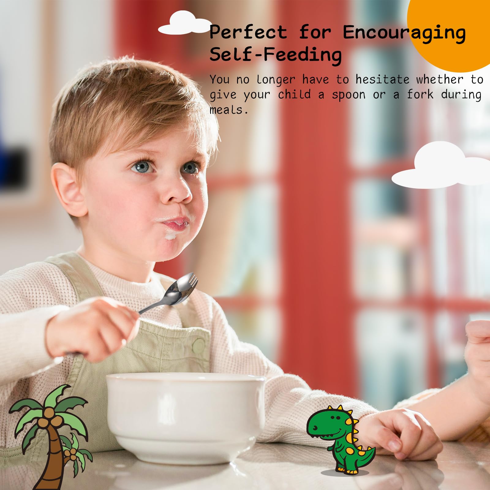 Alata 5.7 inch stainless steel spork held by a child during self feeding practice