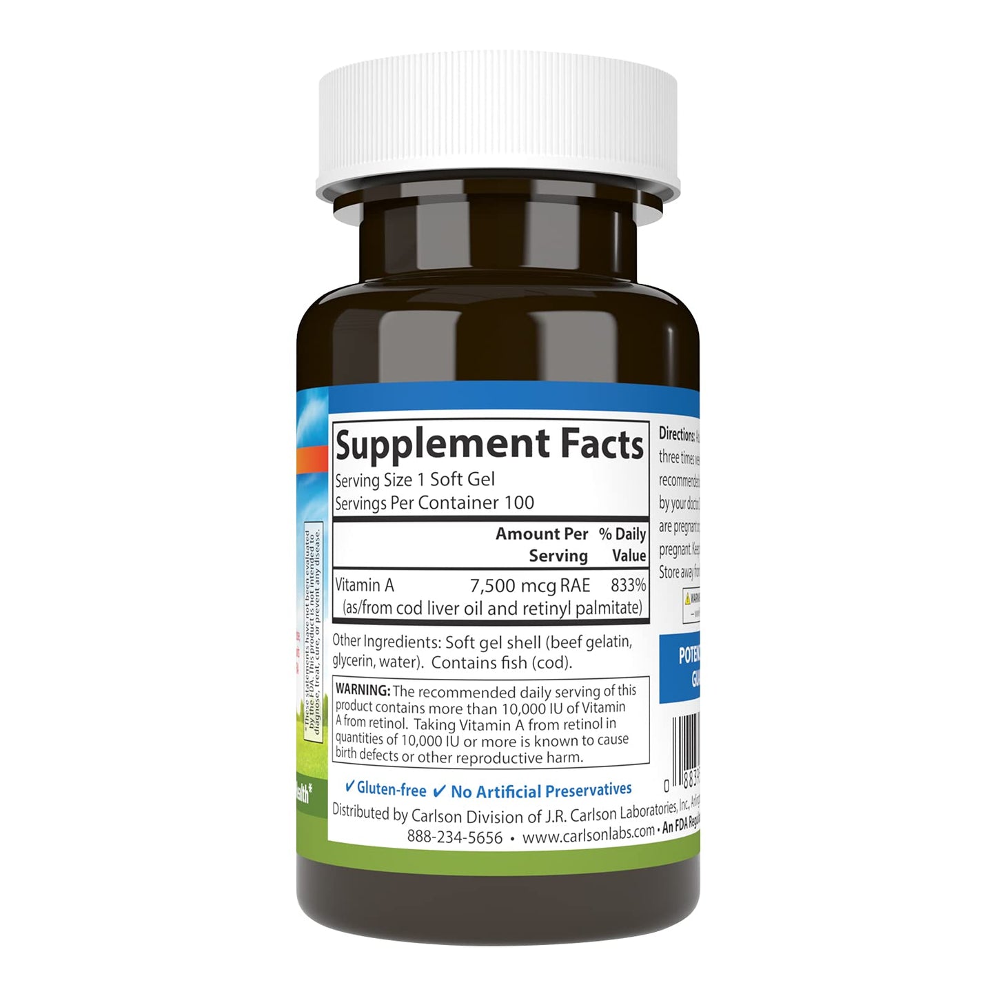 Carlson Vitamin A supplement bottle showing potency details