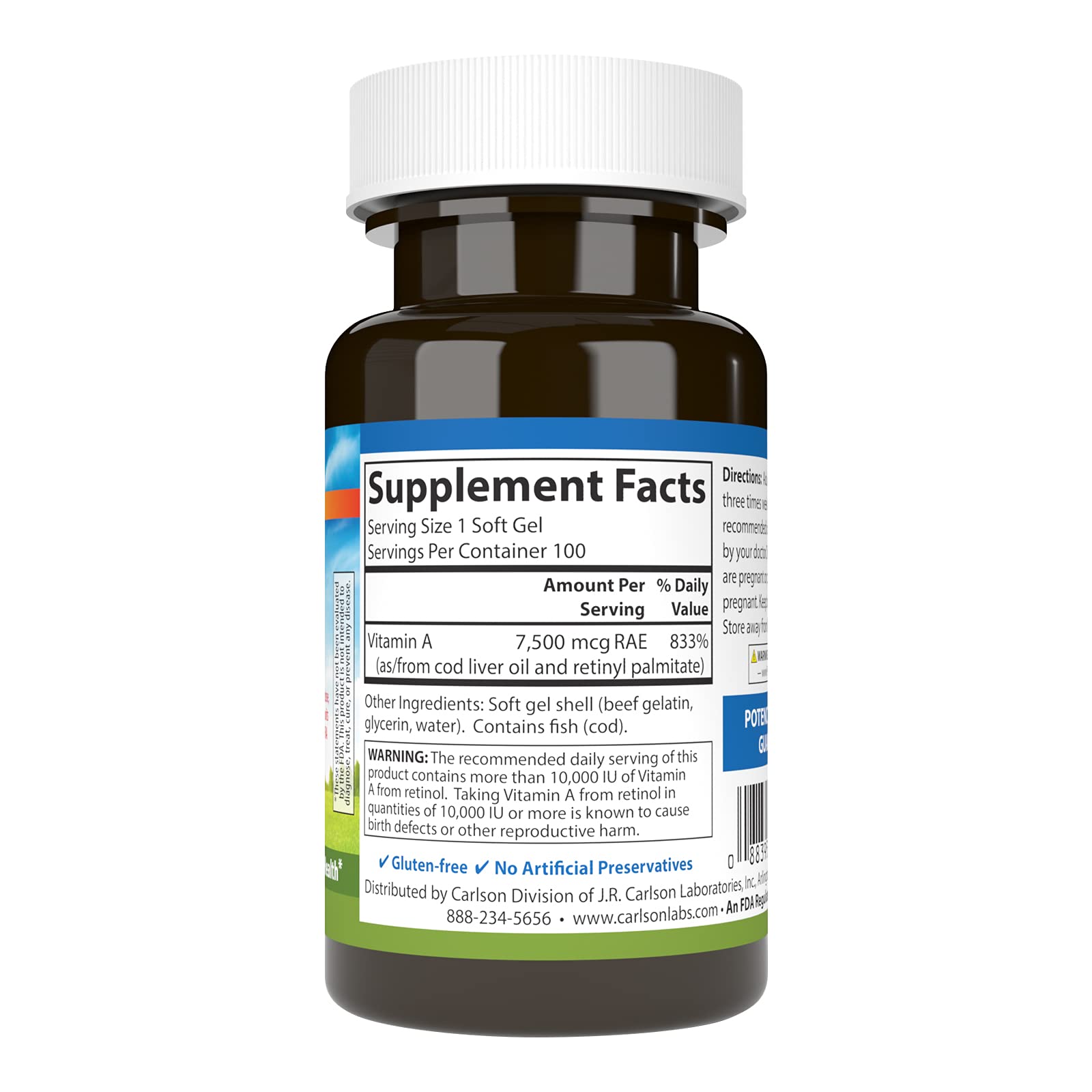 Carlson Vitamin A supplement bottle showing potency details