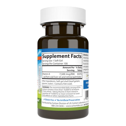 Carlson Vitamin A supplement bottle showing potency details