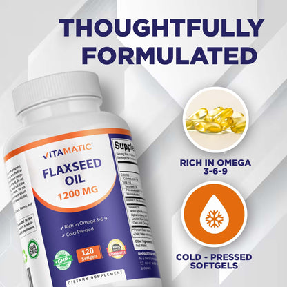 Vitamatic non GMO gluten free cold pressed flax seed oil packaging detail