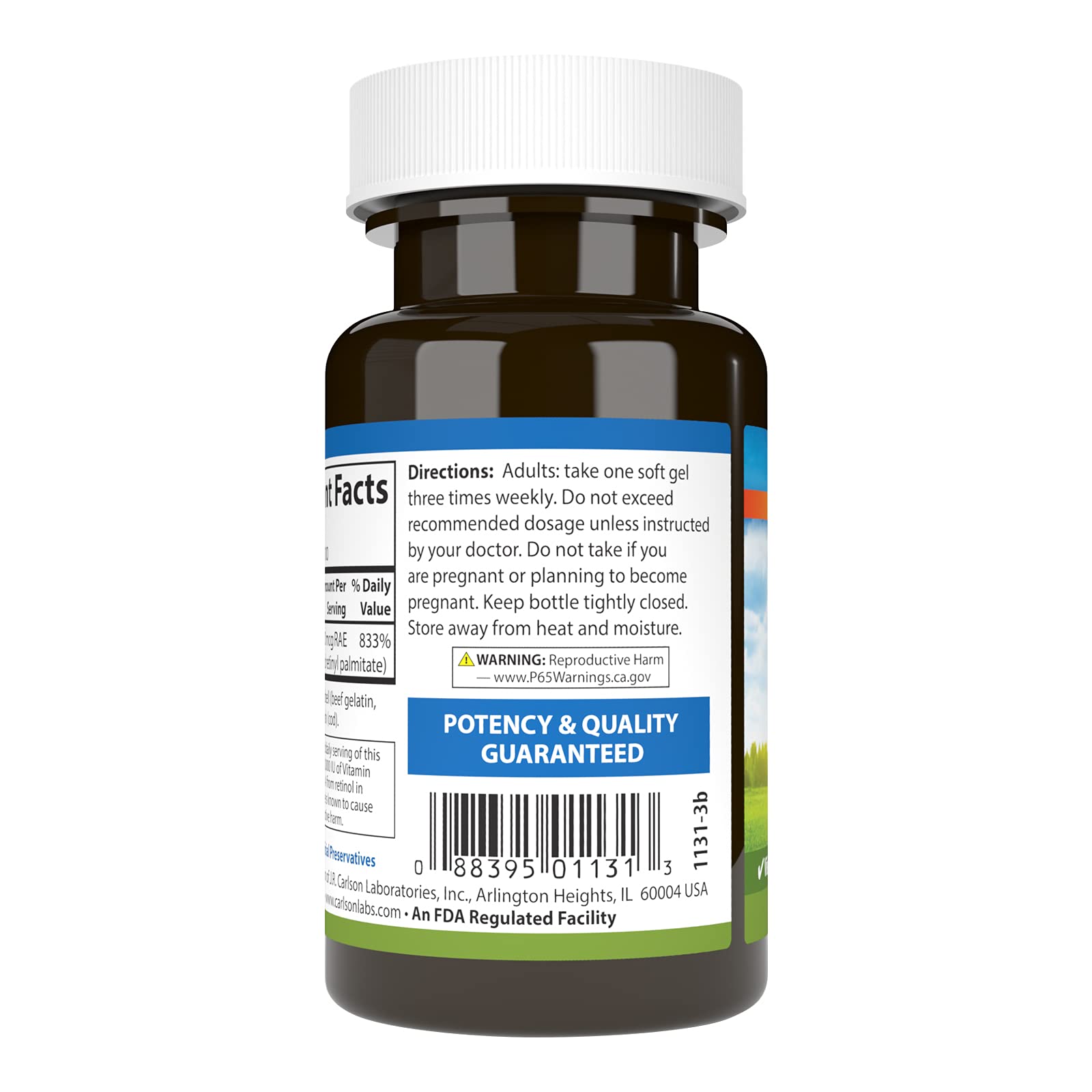 Side view of Carlson Vitamin A 100 softgels bottle