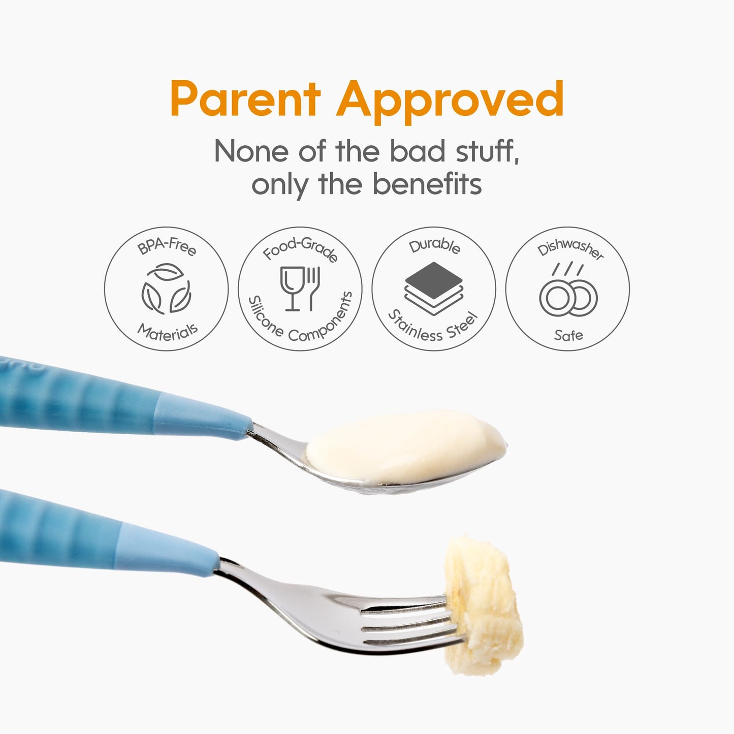 Child holding NumNum 4th stage ergonomic blue utensil