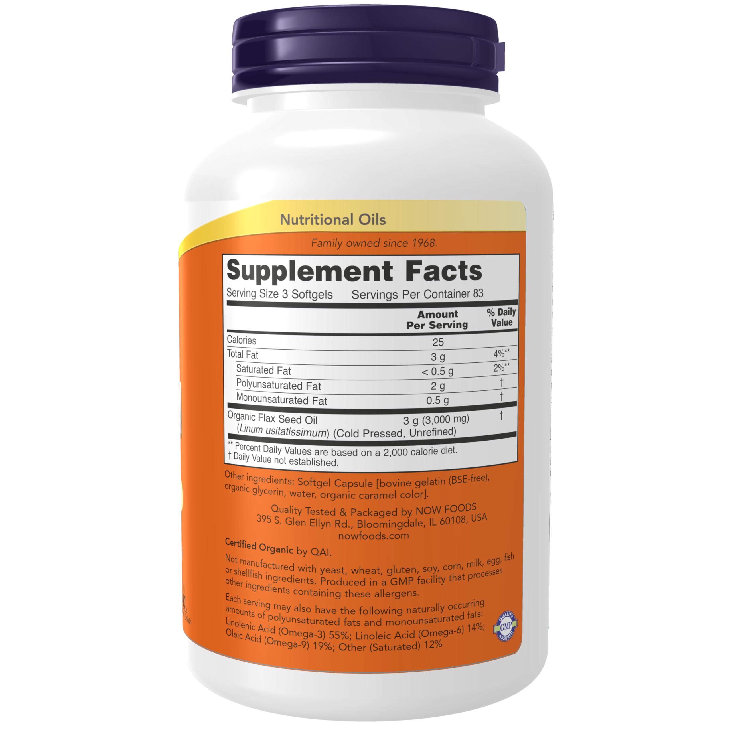 Now Foods flax seed oil supplement nutritional label detail