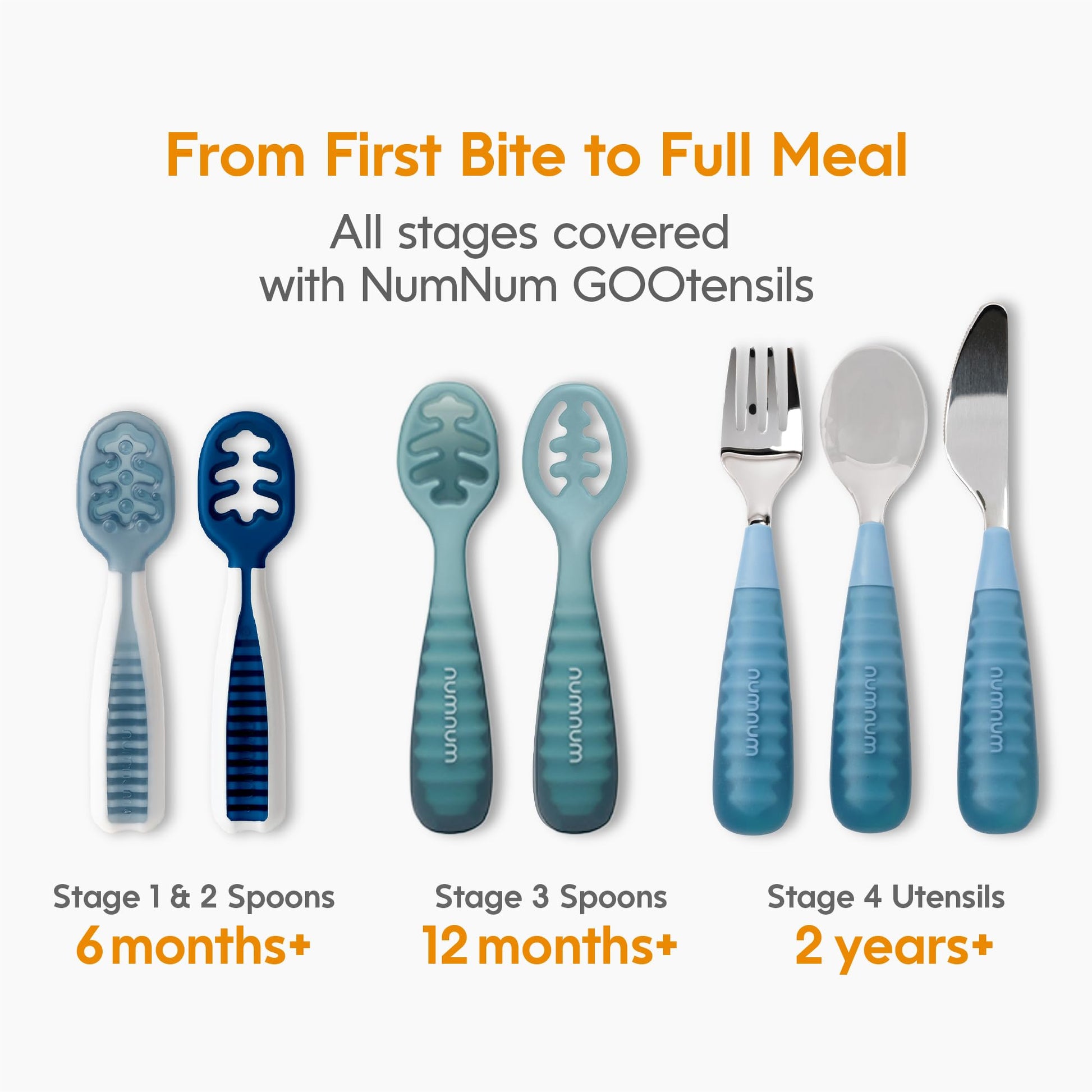 Safe stainless steel heads of NumNum toddler utensils