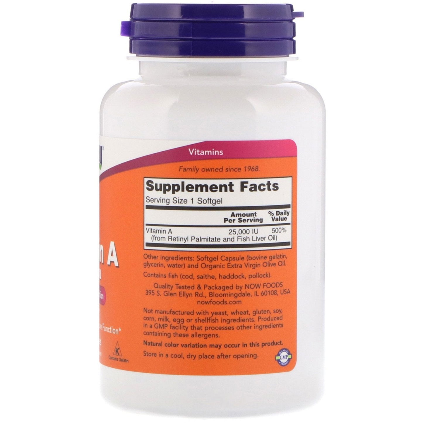 Now Foods Vitamin A fish liver oil supplement bottle
