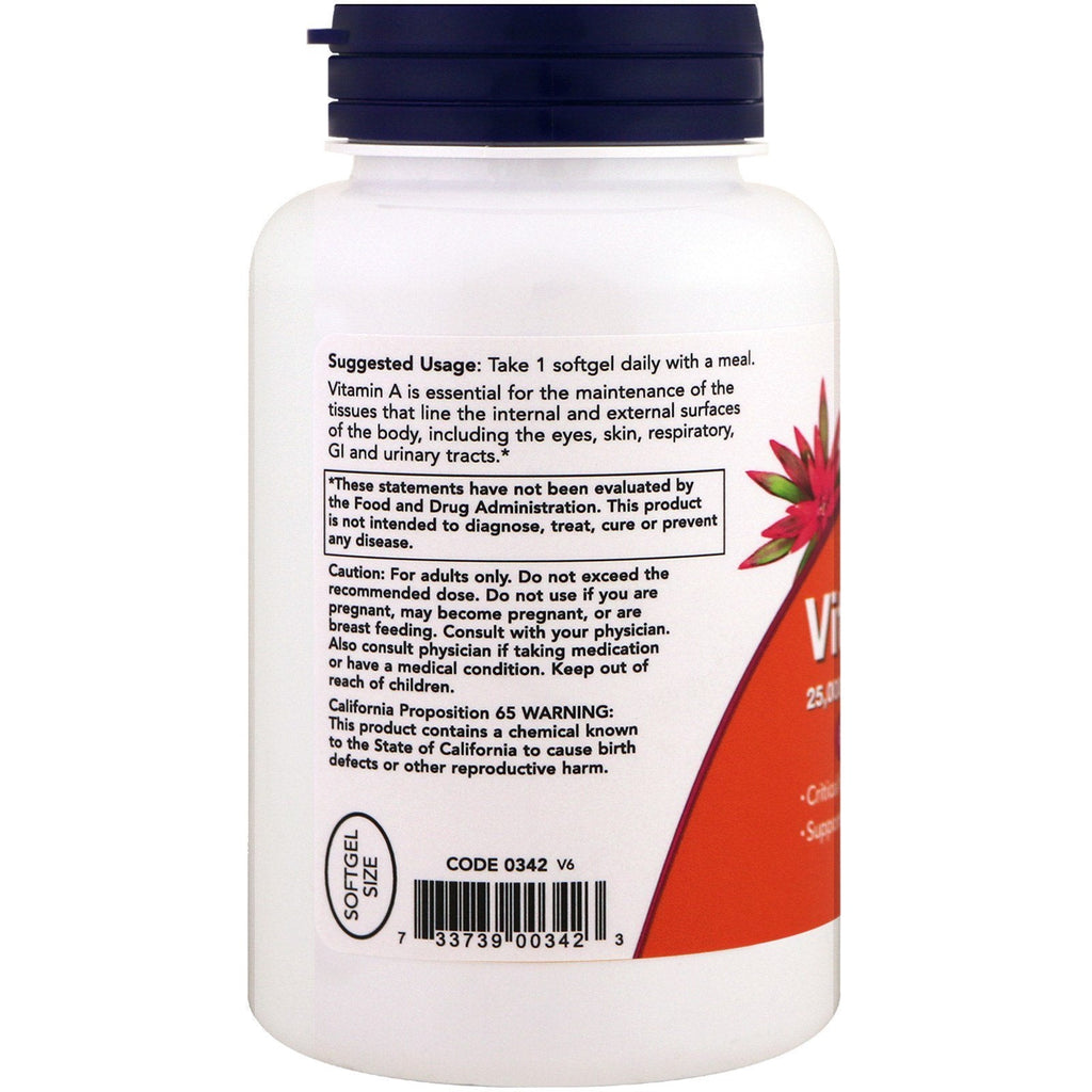 Now Foods Vitamin A 25000 IU softgels capsule close up view