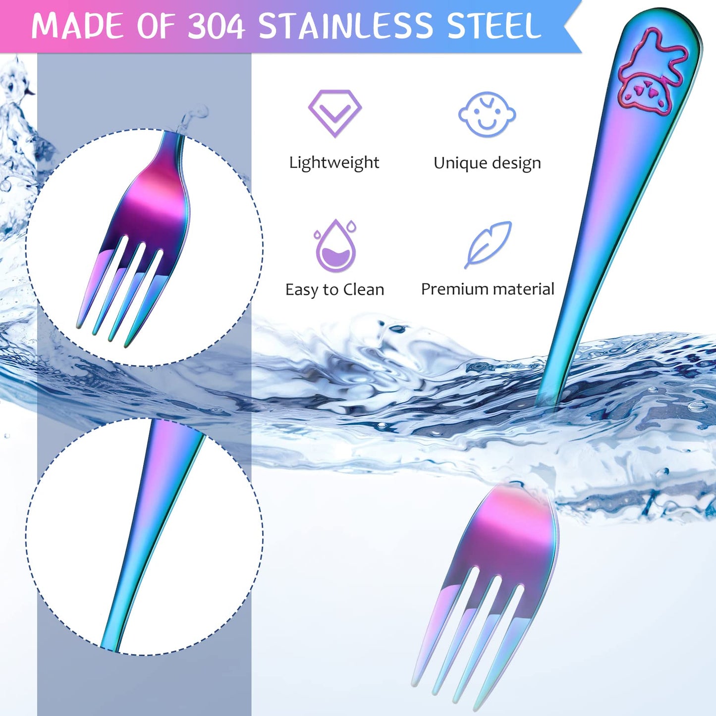Close up of Minatee metal forks for kids with polished finish